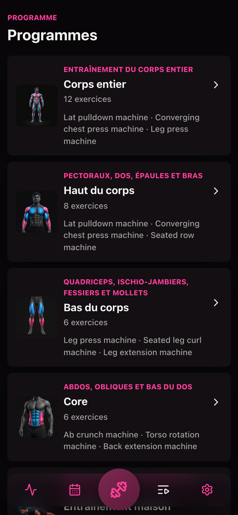 Vue des programmes Fitgirl Full Body, Upper Body, Lower Body et Core